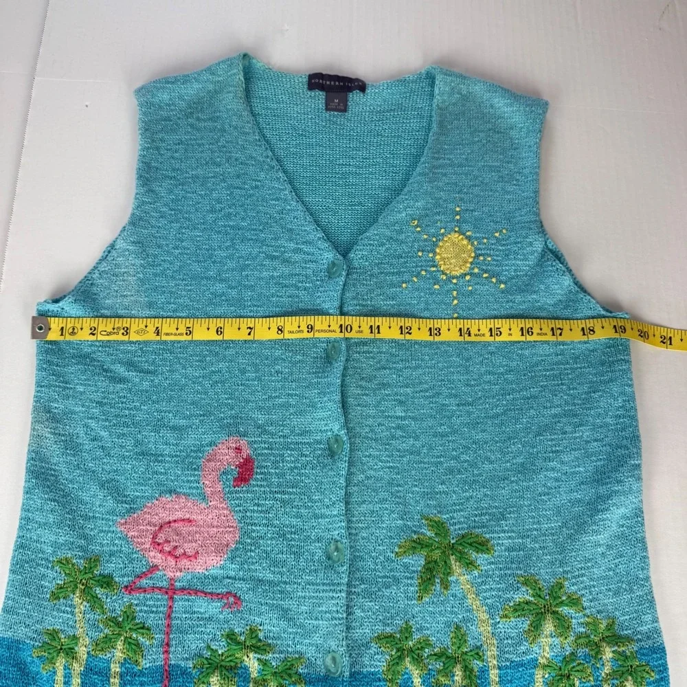 Northern Isles Flamingo Palm Tree Tropical Knit Sweater Vest Blue Womens Medium